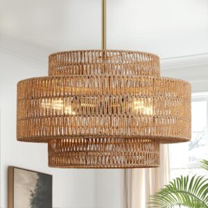 4-Light Boho Rattan Chandelier Light Fixture, 17.7”...