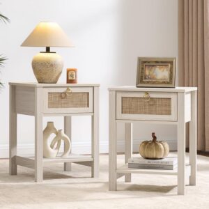 SICOTAS White Nightstand Set of 2,Rattan Decor Drawer...