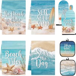 8 Pcs Beach Coastal Kitchen Towels Sets with Oven Mitts...