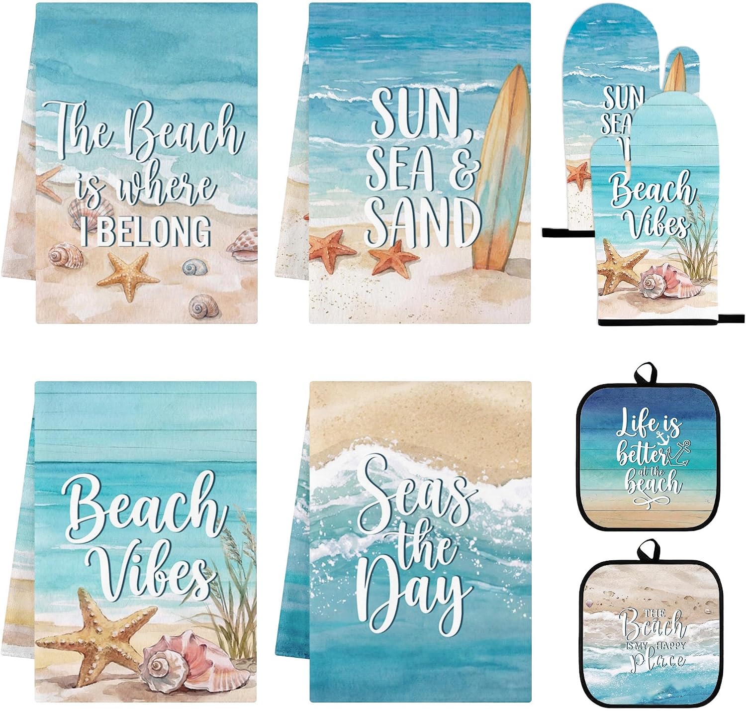 8 Pcs Beach Coastal Kitchen Towels Sets with Oven Mitts... 8 Pcs Beach Coastal Kitchen Towels Sets with Oven Mitts...