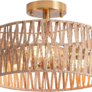3-Light Antique Gold Woven Flush Mount Light Fixture...