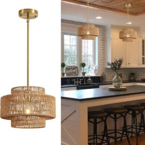 12.4” Boho Rattan Chandelier Light Fixture, 1-Light...