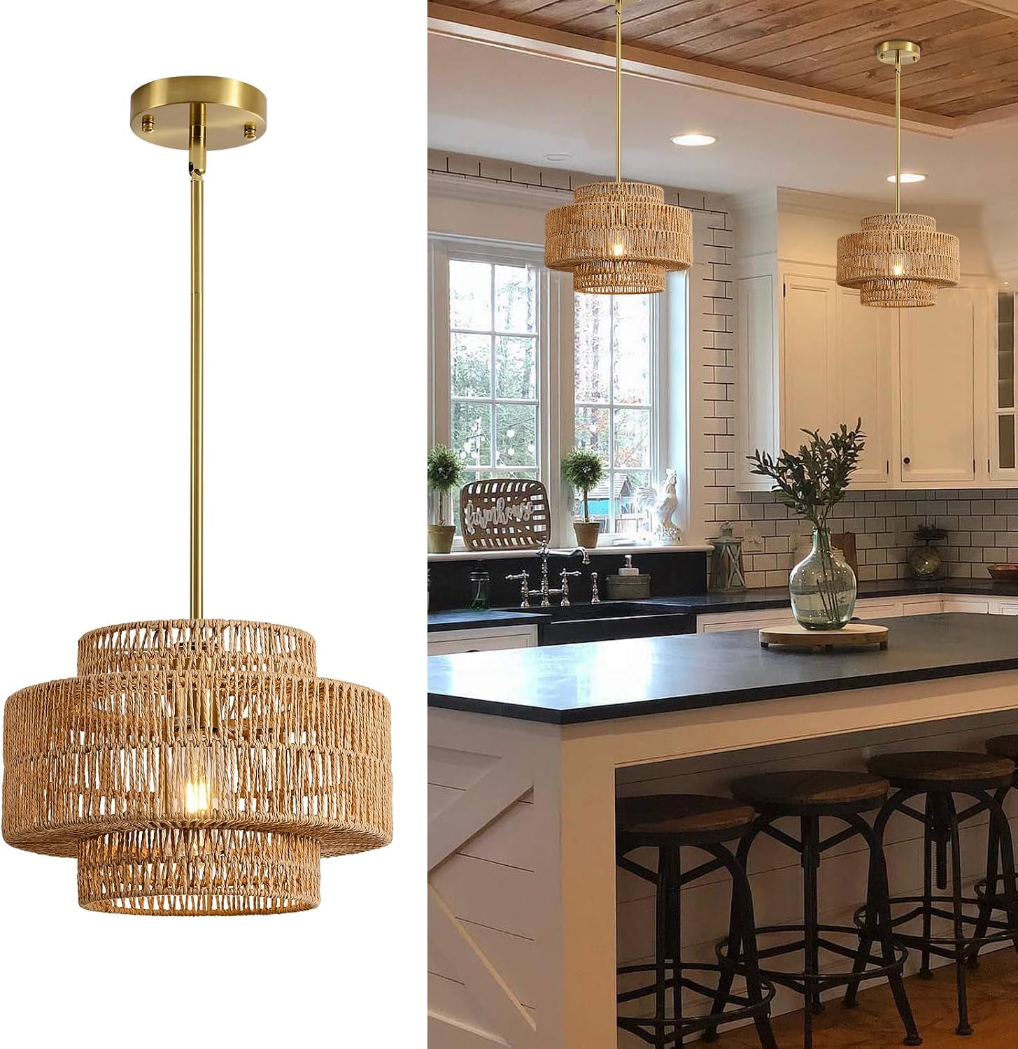 12.4” Boho Rattan Chandelier Light Fixture, 1-Light... 12.4” Boho Rattan Chandelier Light Fixture, 1-Light...