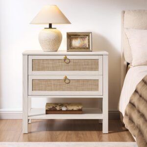SICOTAS 26.7" Wide Boho Rattan Nightstand, White Oak...