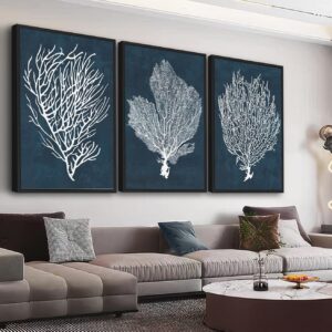 Large Framed Coral Wall Art - Navy Blue Coastal Wall...