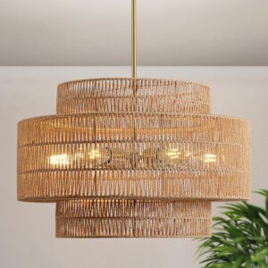 24” Boho Large Rattan Chandelier Light Fixture,6-Light...