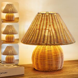WERFOP Bamboo Table Lamp Handmade Boho Rattan Bedside...