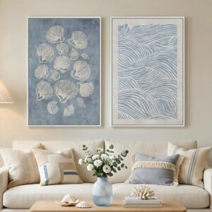 Framed Abstract Coastal Blue White Wall Art for Living...