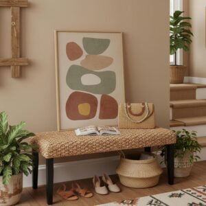 Solid Wood Acacia Indoor Bench, Water Hyacinth Seat,...
