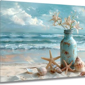 LB Beach Coastal Wall Art Starfish with White Flower in...