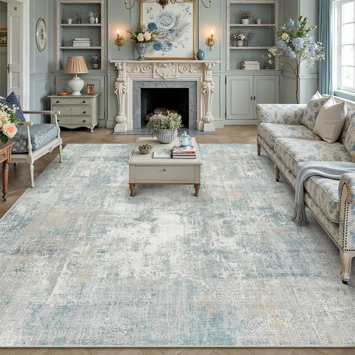 8x10 Washable Area Rug Blue Cream Abstract Non Slip Soft... 8x10 Washable Area Rug Blue Cream Abstract Non Slip Soft...