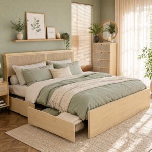 Yechen Queen Bed Frame with Natural Rattan Headboard and...