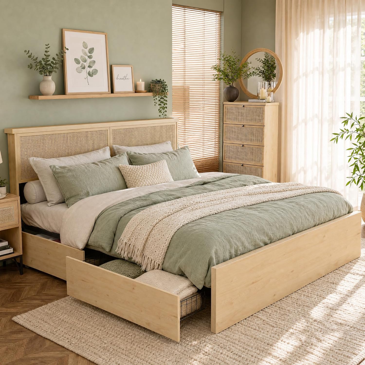 Yechen Queen Bed Frame with Natural Rattan Headboard and... Yechen Queen Bed Frame with Natural Rattan Headboard and...