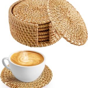 6pcs Natural Handmade Rattan Coasters with Holder -...