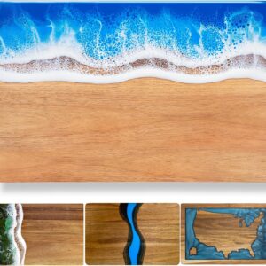 Handcrafted Acacia Wood Cutting Board Resin Blue Wave...