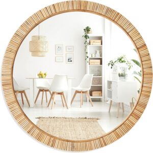 Barnyard Designs Round Rattan Wall Mirror, Natural Tan...