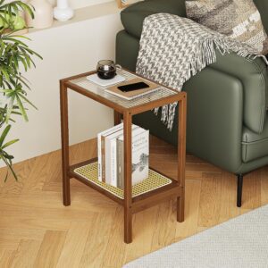 Bamworld Rattan Side Table Boho End Table 2-Tier with...