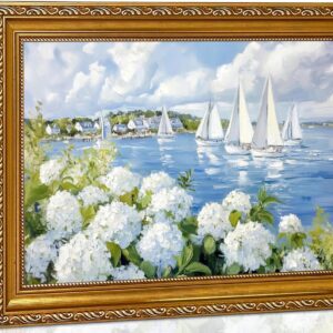 Vintage Gold Framed Coastal Floral Wall Art Summer Ocean...