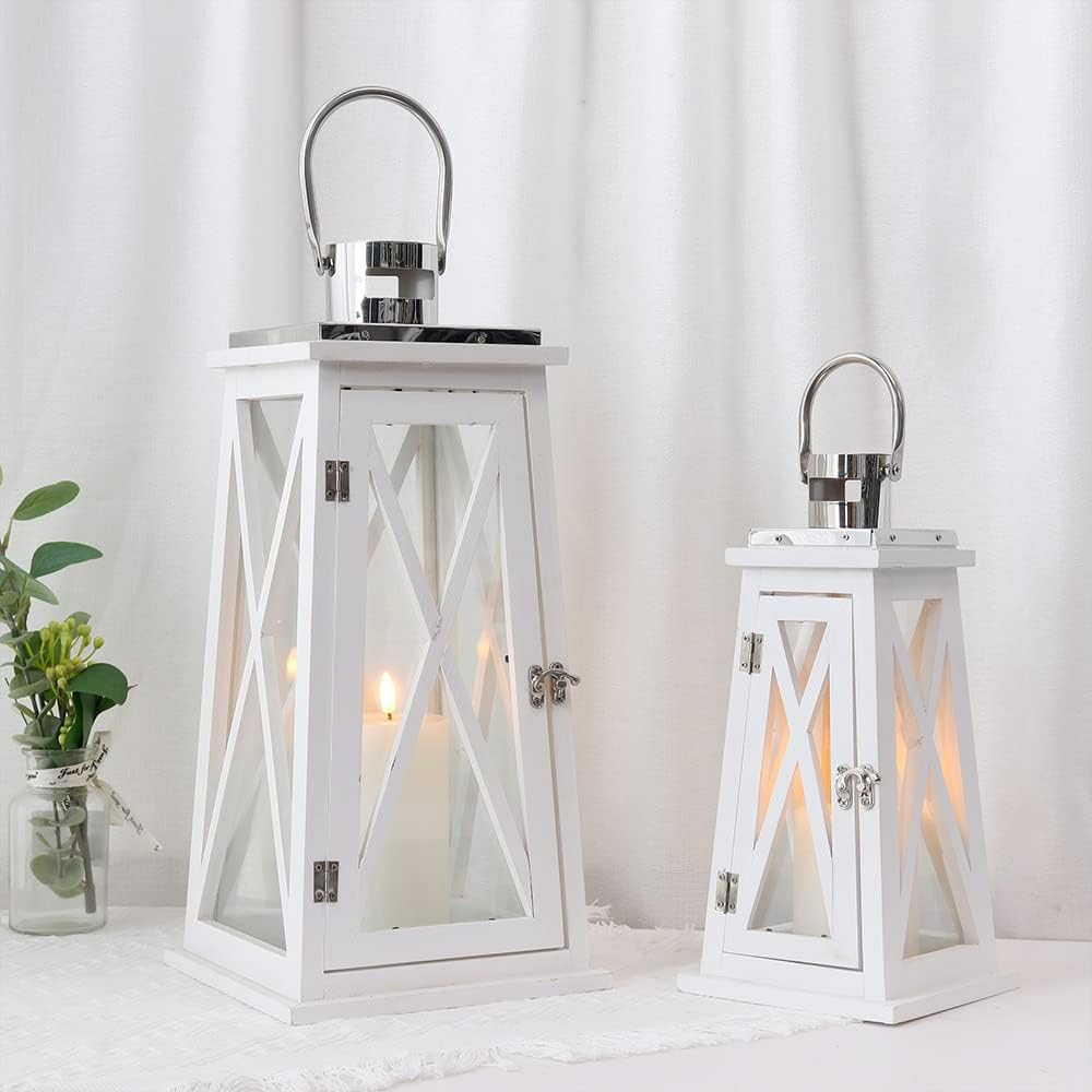 TRIROCKS Set of 2 Farmhouse Wood Candle Lantern 22''... TRIROCKS Set of 2 Farmhouse Wood Candle Lantern 22''...