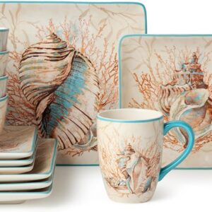 Escape to the Sea 16-Piece Dinnerware Set, Coastal Shell...