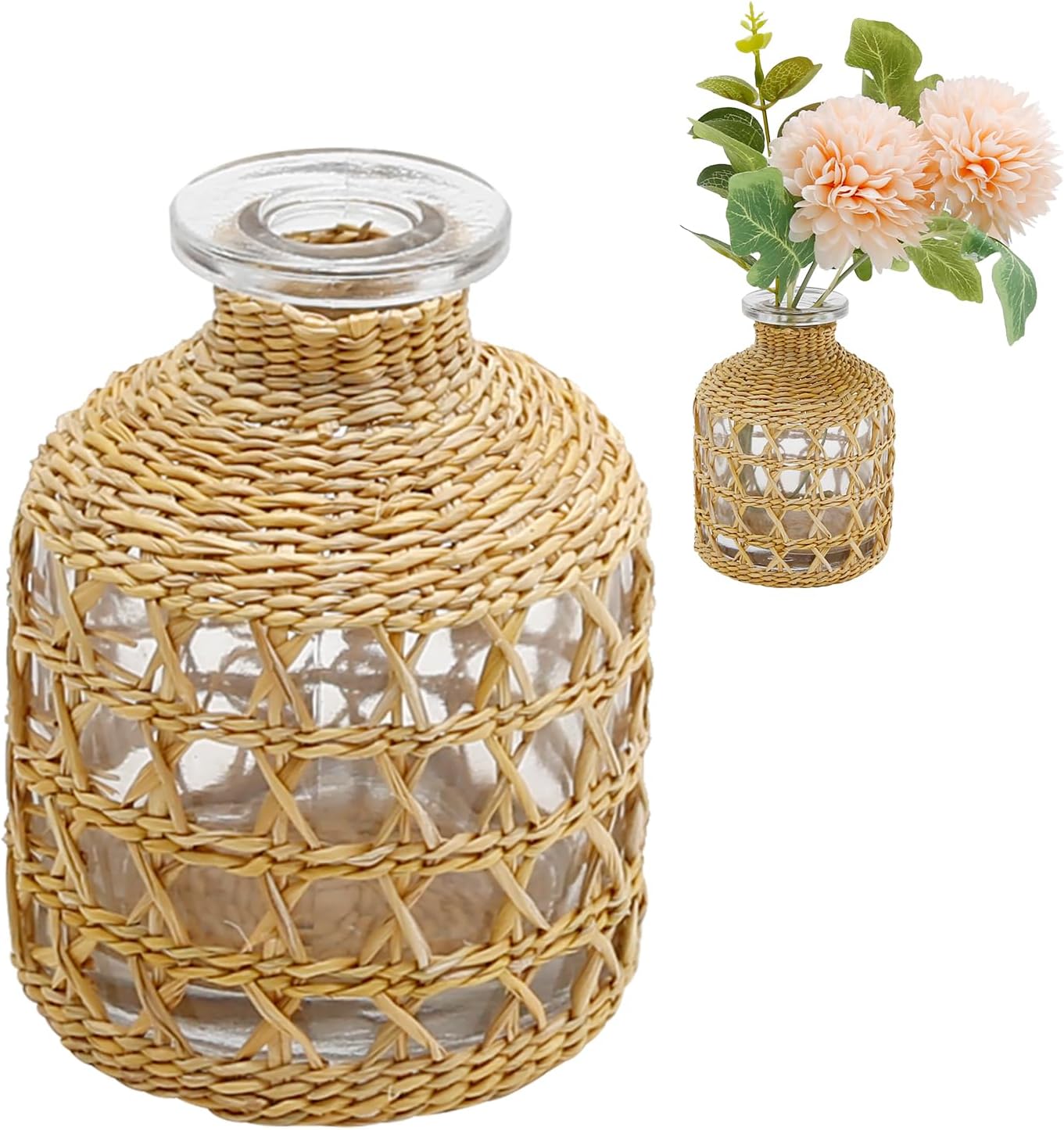 Flower Vases with Rattan Cover Straw Woven Glass Vase... Flower Vases with Rattan Cover Straw Woven Glass Vase...