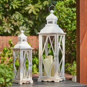 Glitzhome Farmhouse White Wood Metal Lanterns Decorative...