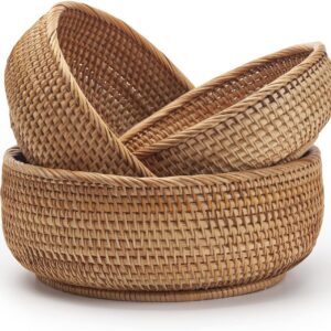 Round Rattan Fruit Baskets Woven Storage Bowls Key...