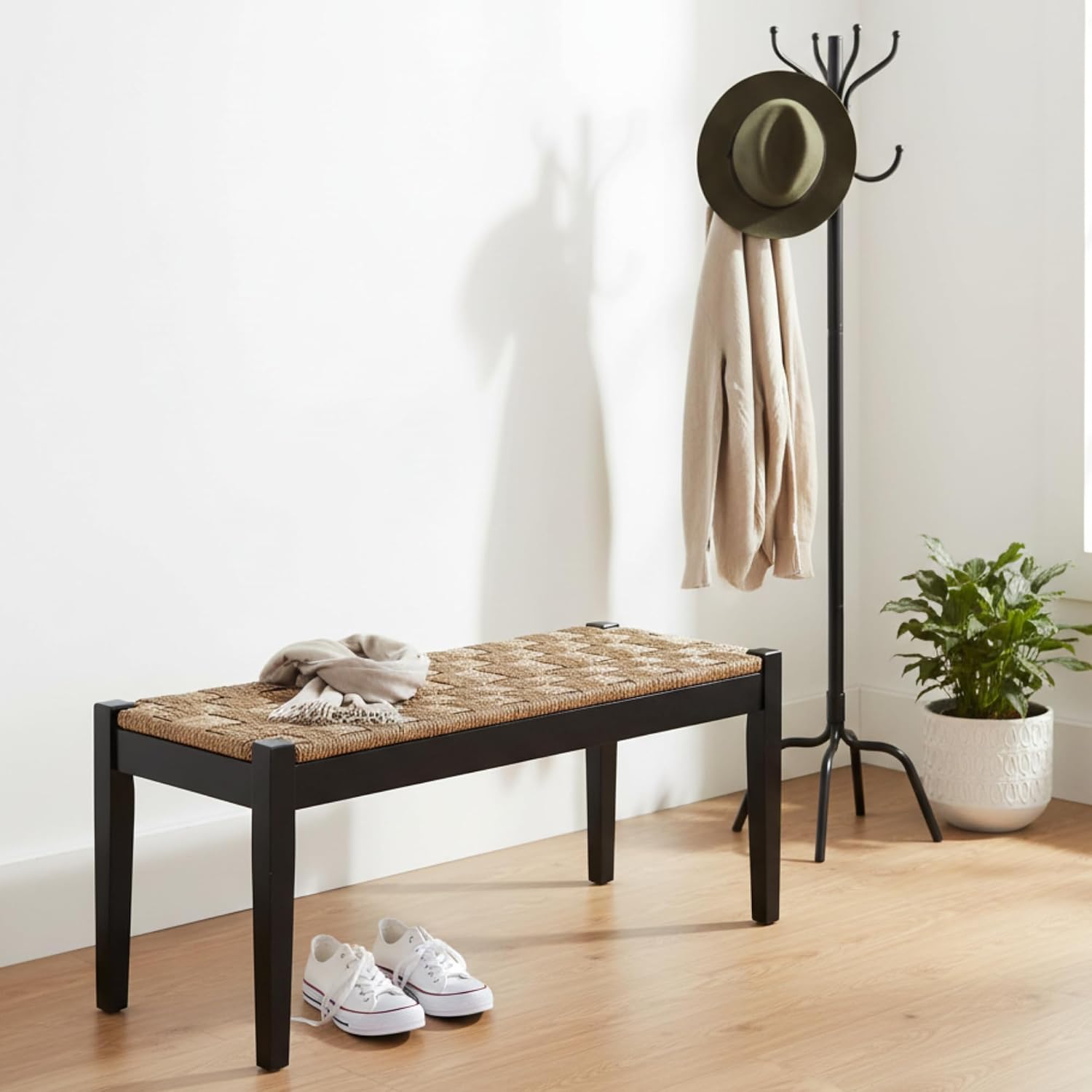 46-Inch Acacia Wood Entryway Bench with Woven Seagrass... 46-Inch Acacia Wood Entryway Bench with Woven Seagrass...