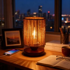 Handmade Rattan Lamp Boho Table Lamp for Bedroom, Small...