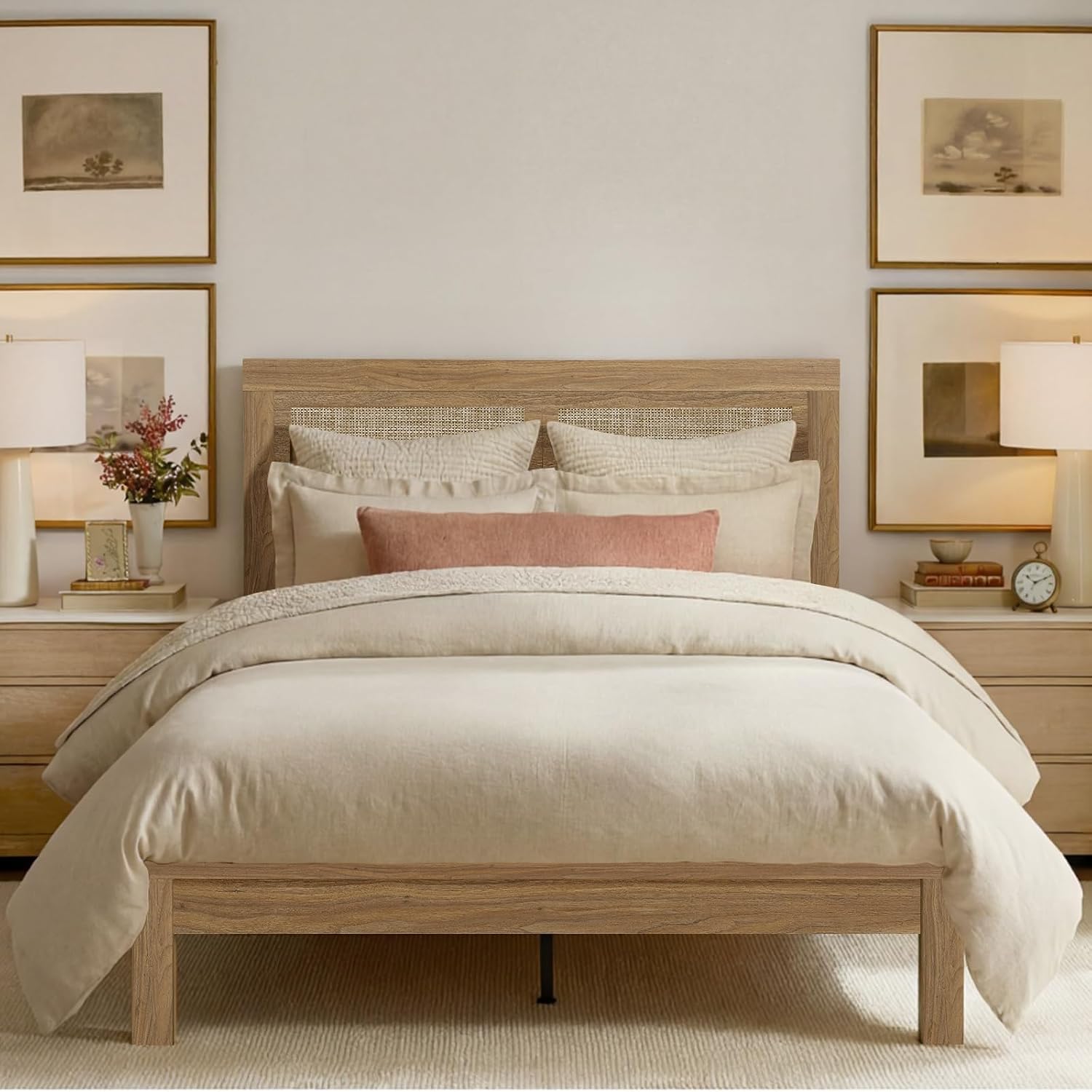 Full Bed Frame with Headboard Wood, Rattan Boho Bedframe... Full Bed Frame with Headboard Wood, Rattan Boho Bedframe...