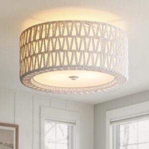 Boho Rattan Ceiling Light Fixtures 2-Light White Flush...