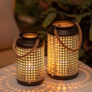 NUPTIO Metal Faux Rattan Candle Lanterns, Set of 2