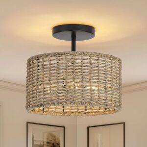 Boho Rattan Ceiling Light, 12.6", 3-Light Semi Flush...