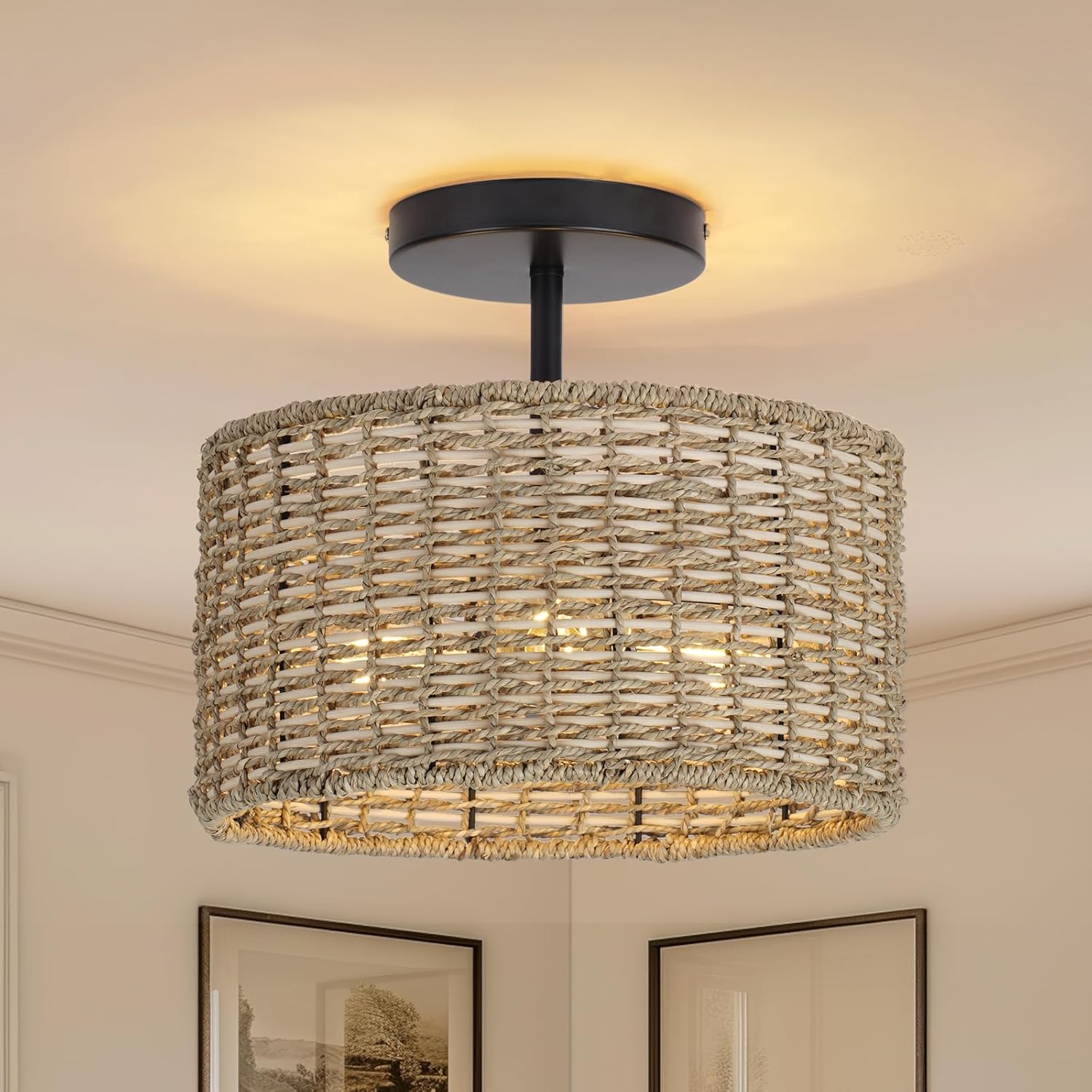 Boho Rattan Ceiling Light, 12.6", 3-Light Semi Flush... Boho Rattan Ceiling Light, 12.6", 3-Light Semi Flush...