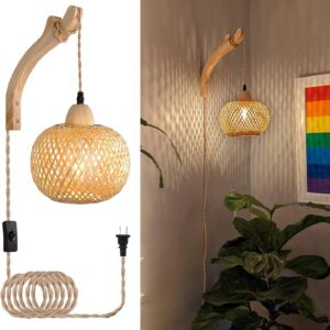 Frideko Bamboo Lantern Plug in Wall Sconces Wicker Wall...