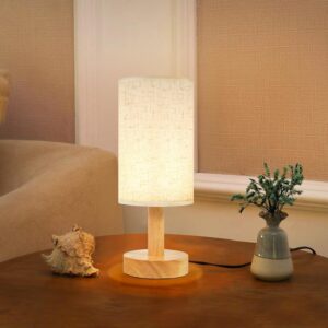 Small Bedside Table Lamp for Bedroom,Natural Round Wood...