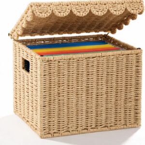 Jingmore Paper Rope File Storage Box with Scalloped Lid...