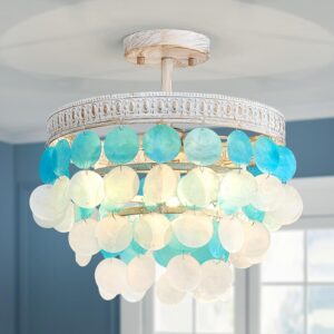D13in Capiz Shell Ceiling Light, 3-Light Coastal...