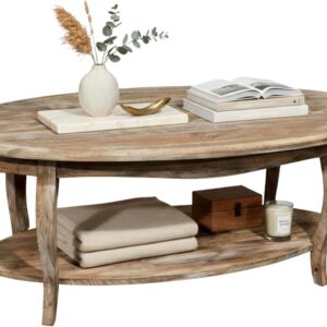 Farmhouse 48-Inch Oval Coffee Table with Lower Shelf –...