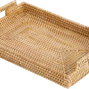 Rattan Rectangular Serving Tray with Handles, Hand-Woven...