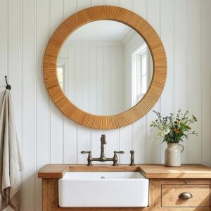 24" Round Mirror Rattan Wall Mirror for Bathroom Boho...