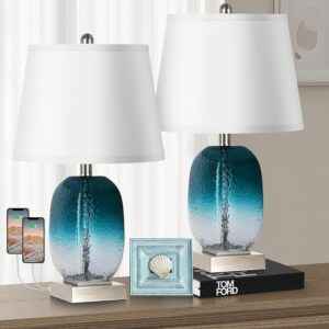Teal Glass Table Lamp Set of 2 Touch Control, 2 USB...
