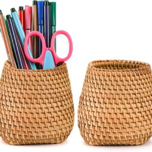 Hacaroa Set of 2 Rattan Pencil Holder for Desk, Handmade...