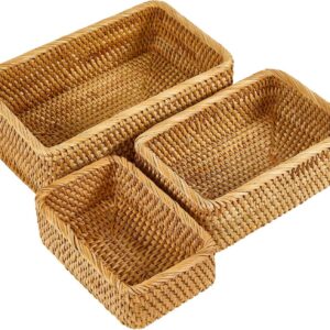 Natural Rectangular Rattan Storage Baskets (Set of 3),...