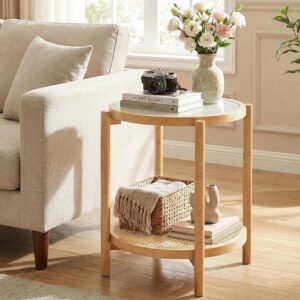 Giantex Rattan Round Side Table, 2-Tier Boho End Table...