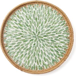 Round Rattan Tray with Mother of Pearl Inlay, Wooden...