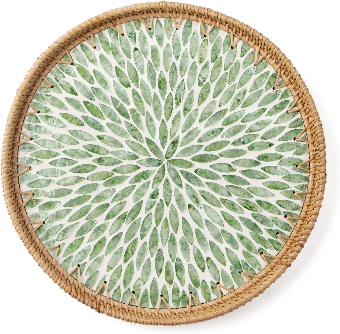 Round Rattan Tray with Mother of Pearl Inlay, Wooden... Round Rattan Tray with Mother of Pearl Inlay, Wooden...