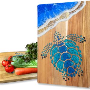 Acacia Wood Cutting Board With Blue Resin Wave & Sea...