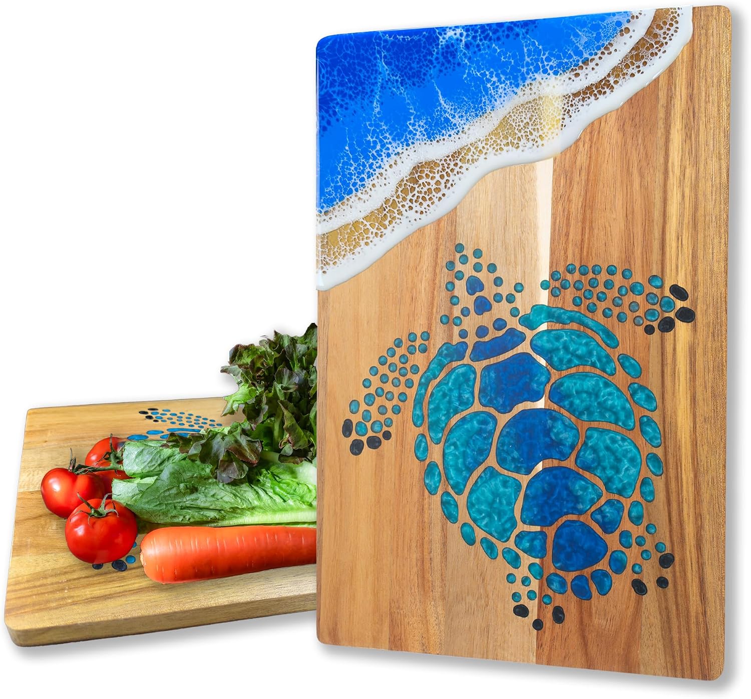 Acacia Wood Cutting Board With Blue Resin Wave & Sea... Acacia Wood Cutting Board With Blue Resin Wave & Sea...