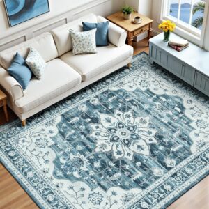 5x7 Washable Area Rugs for Living Room, Blue White...